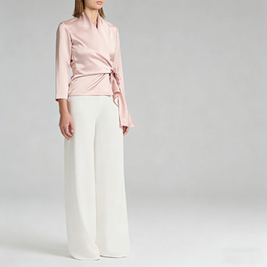 Blusa Elegante de Satén Rosa para Mujer, Estilo Formal de Oficina, para el Día y la Noche, con Cuello en V, Manga 3/4 y Cintura con Lazo - Product Image 4
