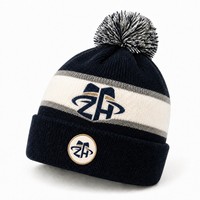 Bonnet unisexe bleu marine à pompon, tricoté à rayures crème, taille unique, avec revers personnalisé, pour l'hiver, vente en gros