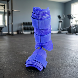 Protector de pierna de malla azul con cierre de gancho y bucle, protección ligera para deportes, para todas las estaciones, talla adulta - Product Image 3