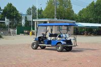 Voiture de golf électrique bleue 6 places à fonctionnement silencieux, structure robuste, batterie au lithium, vitesse 30-50 km/h, autonomie 90 km, moteur 7,5 kW