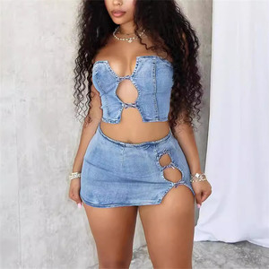 Ensemble <span class=keywords><strong>jupe</strong></span> courte fendue <span class=keywords><strong>et</strong></span> crop top sexy <span class=keywords><strong>en</strong></span> dentelle ajourée pour femme 2025, motif uni, <span class=keywords><strong>en</strong></span> <span class=keywords><strong>jean</strong></span> délavé, taille XL, coupe ajustée, style formel - Product Image 2