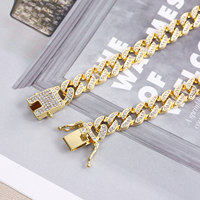 Set Perhiasan Kalung dan Gelang Rantai Cuban Hip Hop 12mm, Lapis Emas, Bertabur Batu Rhinestone Baguette, untuk Pria dan Wanita
