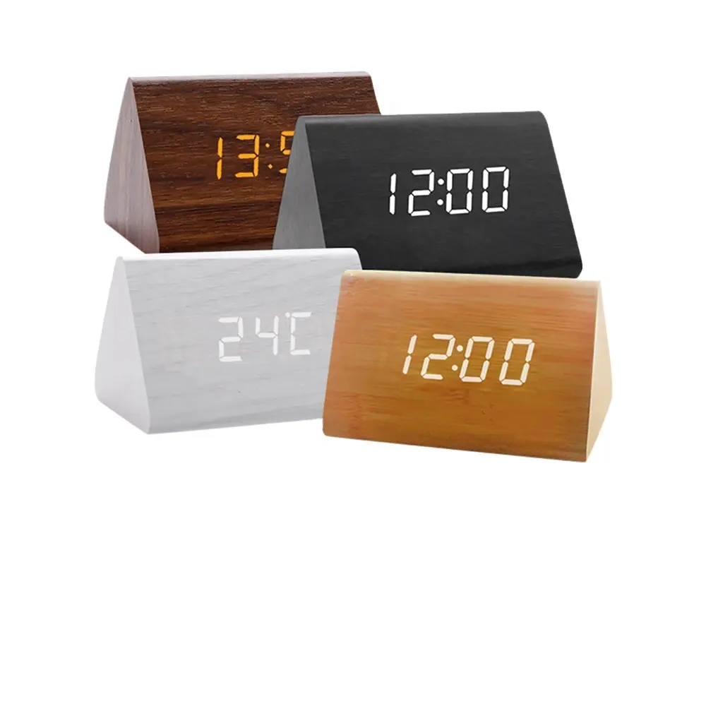 Legno orologio da tavolo in legno digitale scrivania sveglia LED regolabile luminosità controllo vocale