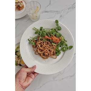 Hot Selling White Ceramic Porcelain Plate and <b>Cup</b> Grid Pattern Engraved Sustainable Feature for Housewarming or Food Serving - Product Image 3