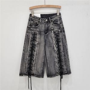 Viviblook Z403PT04 Mujer Street Washed Straight Leg Jeans Retro Cordón Correa Pantalones cortos de mezclilla para mujer - Product Image 2