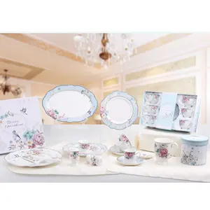 Good Quality Custom Design Floral Decal Cutlery Set Plate Place Soup Salad Bowl New Bone China Luxury Dinner Set