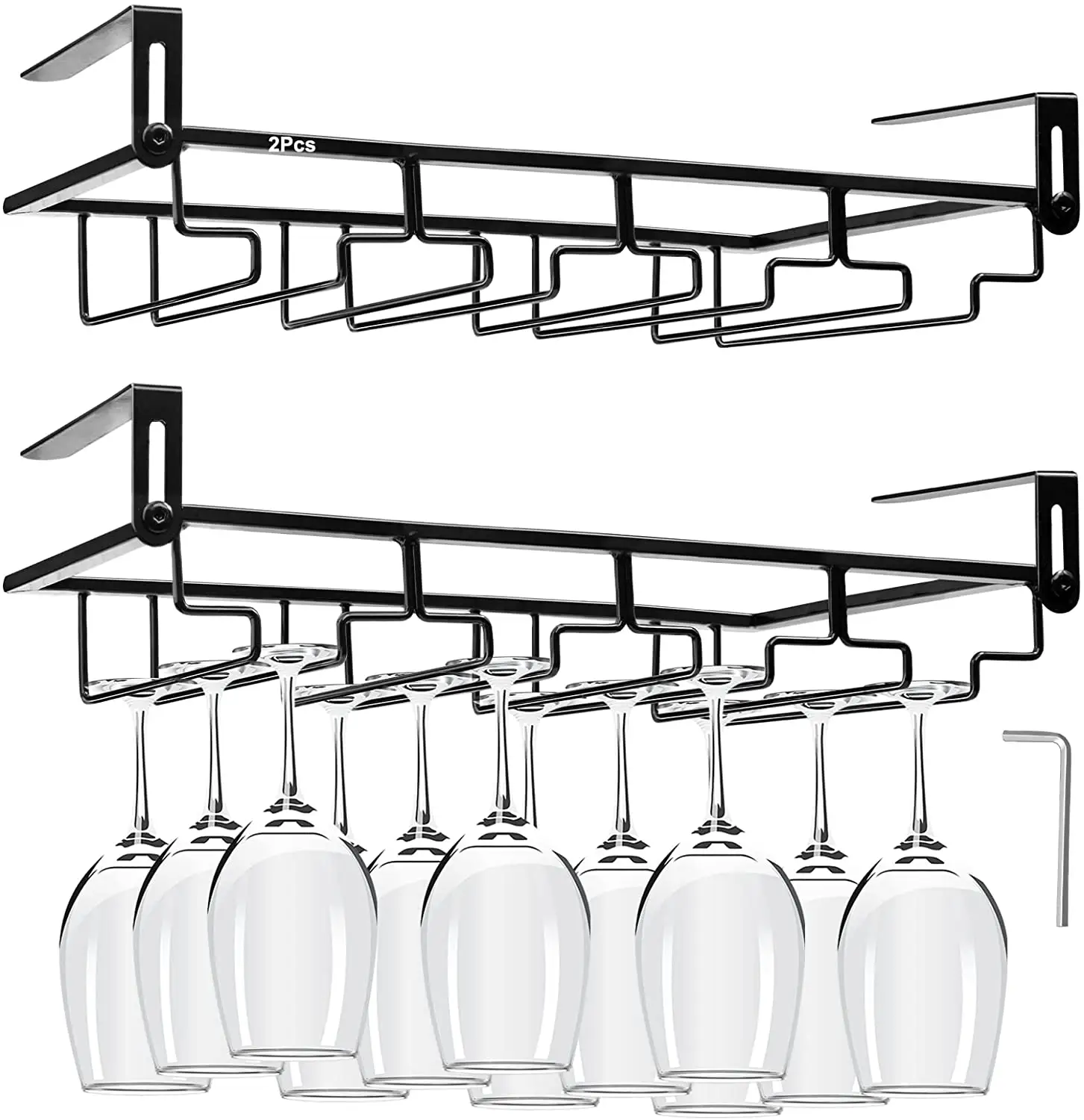 Soporte de Metal para copas de vino, estantería ajustable para colocar debajo del armario, sin perforaciones, 4 filas, para copas de vino, 2 unidades