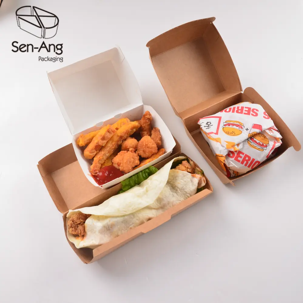SenAng07 좋은 품질 크래프트 종이 포장 일회용 버거 생분해 포장 재사용 햄버거 상자