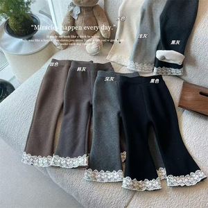 Tongxingyuan Girls Flared <b>Pants</b> Lace Trim Fleece <b>Lined</b> Winter Knitted Cotton Solid Color Long <b>Pants</b> For Children - Product Image 4