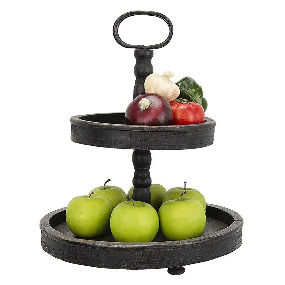 Quick Delivery Creative Distressed Wood Metal Handle 2 Tier Wooden Cake Stand Metal Handle 2 Tiers Wooden Tray