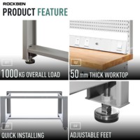 Table de travail industrielle ROCKBEN, plateau ultra résistant à l'usure, établi mécanique avec 8 tiroirs pour atelier et usine