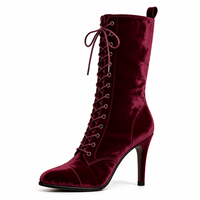 Bottes mi-mollet en velours bordeaux à lacets pour femmes, talons aiguilles hauts, chaussures de mode pour boutiques et détaillants