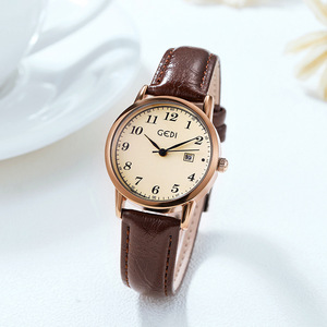 Reloj de cuarzo plateado para mujer, esfera blanca, fecha, números arábigos, correa de cuero negra, reloj de pulsera elegante - Product Image 4