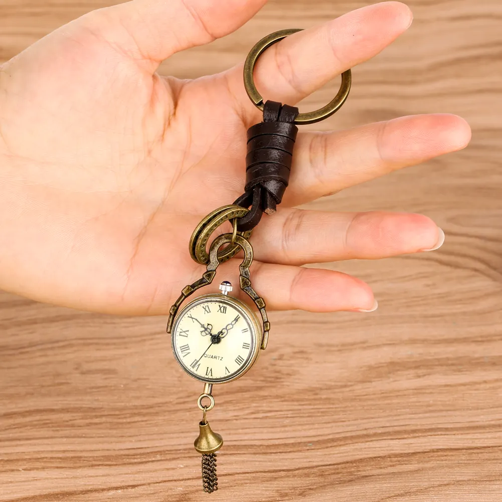 Unique Old Vintage Clock Small Convex Mirror Design Quartz Pocket Watch With Leather Keychain