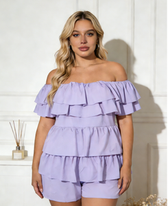 Joyinspring Camisa de verano para mujer, talla grande, color morado claro, con hombros descubiertos y borde con volantes, informal, de secado rápido, de punto, corte regular - Product Image 2