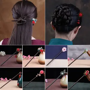 여성 중국 스타일 레트로 꽃 옥 매화 꽃 머리 젓가락 머리 스틱 머리핀 Chignon 핀