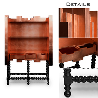 Armoire de rangement pour salon de style ornementation historique moderne, avec feuilles de cuivre, laque noire et pieds en acajou massif