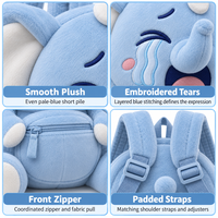 Service de développement de sacs à dos en peluche personnalisés pour sacs en forme d'éléphant avec visage pleurant brodé, poche avant zippée, bretelles réglables