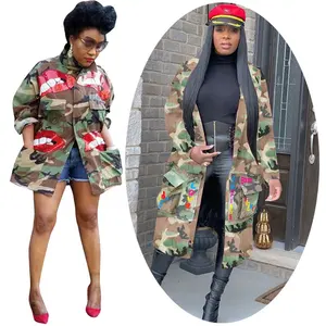 Damen Coole Jacken Pailletten Rote Lippen Camo Blazer Camouflage Mantel Übergroße Grüne Button Up Cardigan Lange Jacke