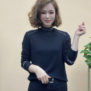 Women's High Neck Long Sleeve Slim Fit Knit Top With Rhinestone Detail Black Dark Gray Pink Burgundy Brown Elegant Soft Base - Product Image 5