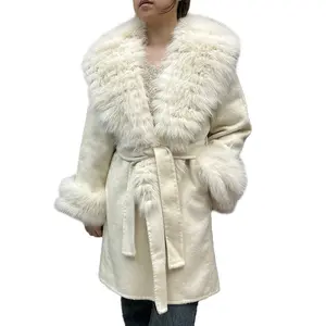 Luxury Winter Wool Fur Coats Fluffy Fox Fur Collar Cuffs Women Cashmere Wool Coat