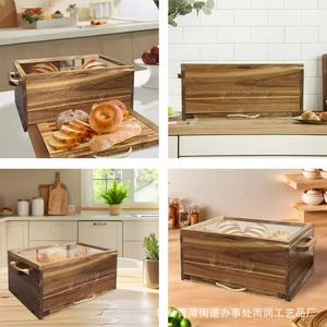 Wooden Bread Storage Box Rectangle Flip Top Lid With Handle <b>Kitchen</b> Bread Keeper - Product Image 2