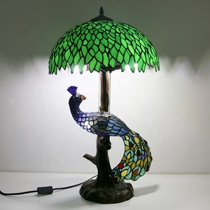 LongHuiJing 16Inch Green Leaf Stained Glass Tiffany Style Desk <b>Lamp</b> with Dome Shade AC Powered Resin Peacock Tree <b>Base</b> - Product Image 3