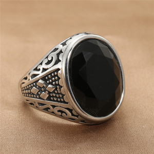 European American Style Men's <b>Titanium</b> Steel Oval <b>Ring</b> <b>Black</b> Gemstone Bezel Setting Geometric Design Gift Jewelry 21006 - Product Image 1