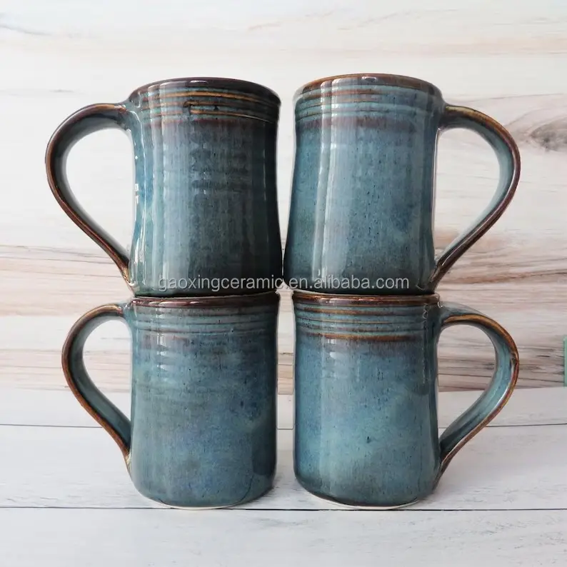 Conjunto de quatro canecas cerâmicas artesanais, Crepúsculo Azul Café/Chá caneca Mão jogada caneca de cerâmica, 4 canecas grandes artesanais faiança 14 onças