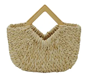 Summer Ladies Clutch Bags Natural Wooden Handle Clutch Straw Bags Easy Carry hobos Clutch Beach Bags
