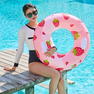 Flotador inflable de fresa de 90 cm con doble cámara de aire engrosada para piscina, parque acuático, flotador de PVC unisex para adultos con asa - Product Image 1