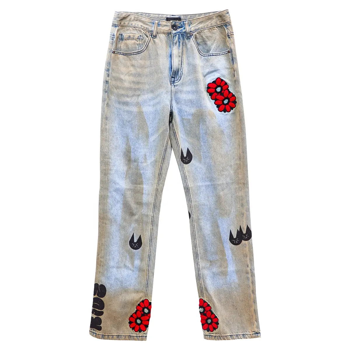 Custom Y2K Embroidered Patches Men's jeans Acid washing Men's Baggy Jeans Digital Printing Denim Trousers