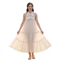 Robe beige tissée unie à col halter et nœud, à volants, pour femme, OEM ODM, marque privée, vente en gros, approvisionnement en vrac, conception personnalisée, sur commande