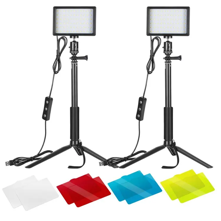 UNNX lampu LED Panel Video fotografi, pencahayaan dengan dudukan Tripod 2 pak, filter warna RGB dapat diredupkan 5600K USB 66 LED Panel Video