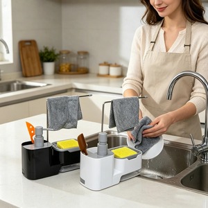 Multifunction <b>Kitchen</b> Bath Soap Dispenser Press Type Liquid Soap Pump Sink Organizer Sponge Holder Towel Rack with Drain Tray - Product Image 2
