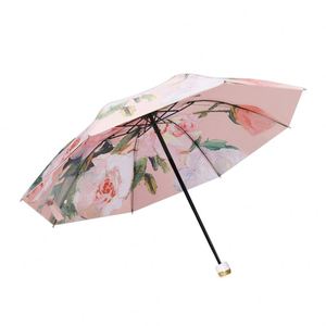 Parapluie pliant de luxe style peinture à l'huile, double couche en tissu pongé, protection solaire, 3 sections, avec sac - Product Image 2