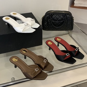 Mules en satin marron à bout carré avec boucle en cristal, élégantes, talon de 5 cm, chaussures habillées pour femmes, pantoufles pour dames - Product Image 5