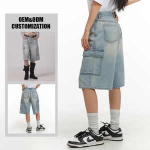 Haute qualité poids lourd été bleu clair lavé Denim Cargo bouton matériel sport femmes Jeans <span class=keywords><strong>court</strong></span> <span class=keywords><strong>Jean</strong></span> <span class=keywords><strong>Court</strong></span> Femme - Product Image 2