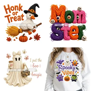 Pegatinas de transferencia térmica DTF lavables y listas para planchar con diseño de lazo de hilo de imitación de punto, para la temporada espeluznante de Halloween, listas para imprimir en ropa. - Product Image 1