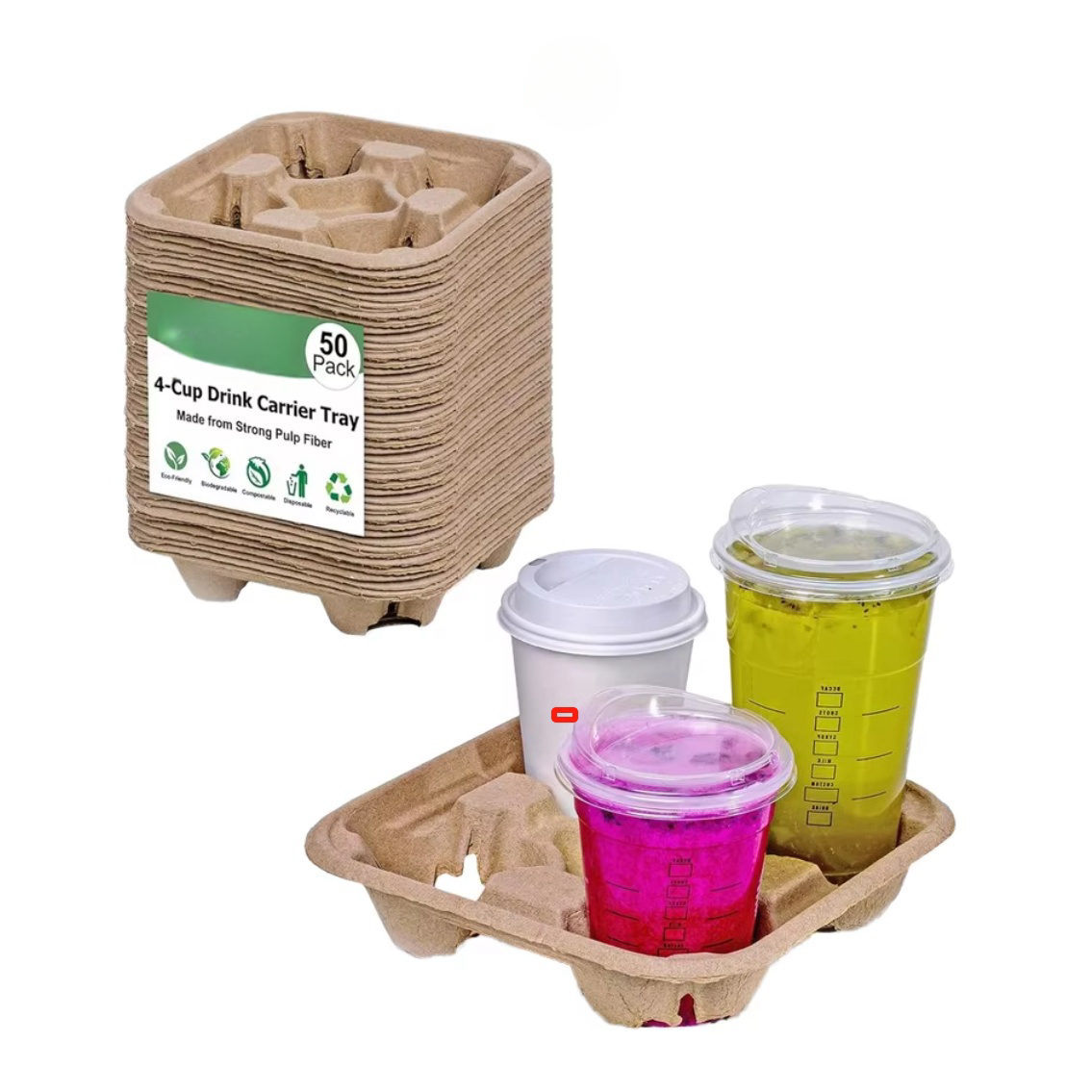 4 Cup Eco-Friendly Biodegradable Carrier Tray Disposable Cup Holder Hot Cold Drinks No-Spill No-Mess Design Food Drink