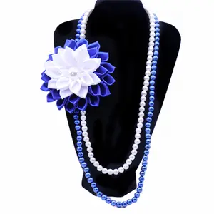 时尚设计Soror ZPB符号蓝白色调华丽花朵胸针装饰长珍珠链项链