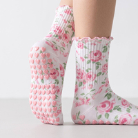 Calcetines de Pilates Personalizados con Estampado Floral, Lindos Calcetines con Agarre de Silicona en Forma de Corazón, Puño con Volantes, Transpirables, para Yoga, Barre, Danza, para Mujer