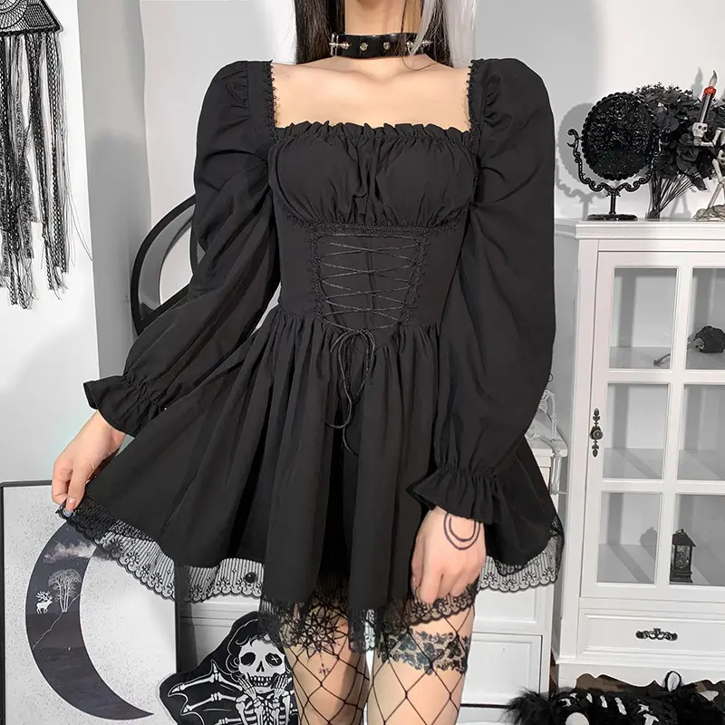 Lolita style women'sprincess black mini dress bad girl high waist gothic dress puff sleeve lace white party dress