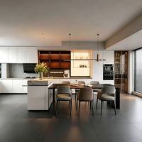 Meuble de cuisine moderne avec îlot en marbre, four encastré, affichage LED, bordure de panneau de qualité ENF, emballage KDPacking