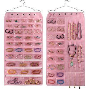 ที่เก็บเครื่องประดับแบบแขวน 56 ช่อง สีชมพู สำหรับเก็บสร้อยคอ ต่างหู กำไล แหวน ติดผนัง - Product Image 1
