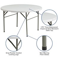 Table pliante en plastique blanc, meuble rond de 4 pieds en granit