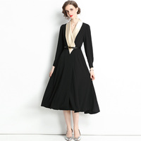 Robe sur mesure simple, nouvelle collection automne, style vintage Hepburn, col doré, robe noire une pièce
