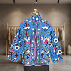 Stunning Blue Velvet Floral Suzani Embroidered Jacket Royal Boho High Neck <b>Coat</b> Handmade Designer Winter Wear For Women - Product Image 4