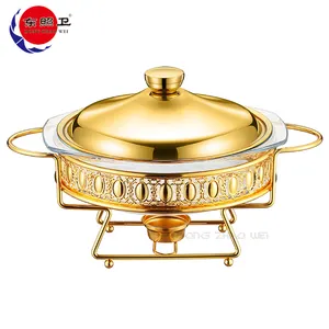 Pabrik kustom Logo 2L bentuk bulat piring Chafing kaca makanan Pot Stainless Steel berdiri dan penutup tutup mewah emas makanan hangat