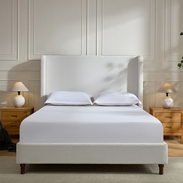 54" Tall Modern Hotel Upholstered Bed Frame Rice White Chenille Queen Wingback Headboard Solid Wood Legs Metal Frame Support
